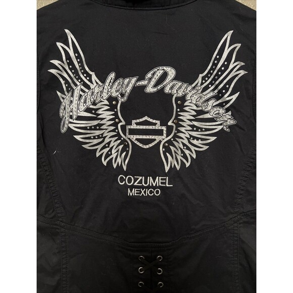 Harley Davidson Black Full Zip Sleeveless Shirt Womens Medium Rhinestones Wings - Picture 2 of 10